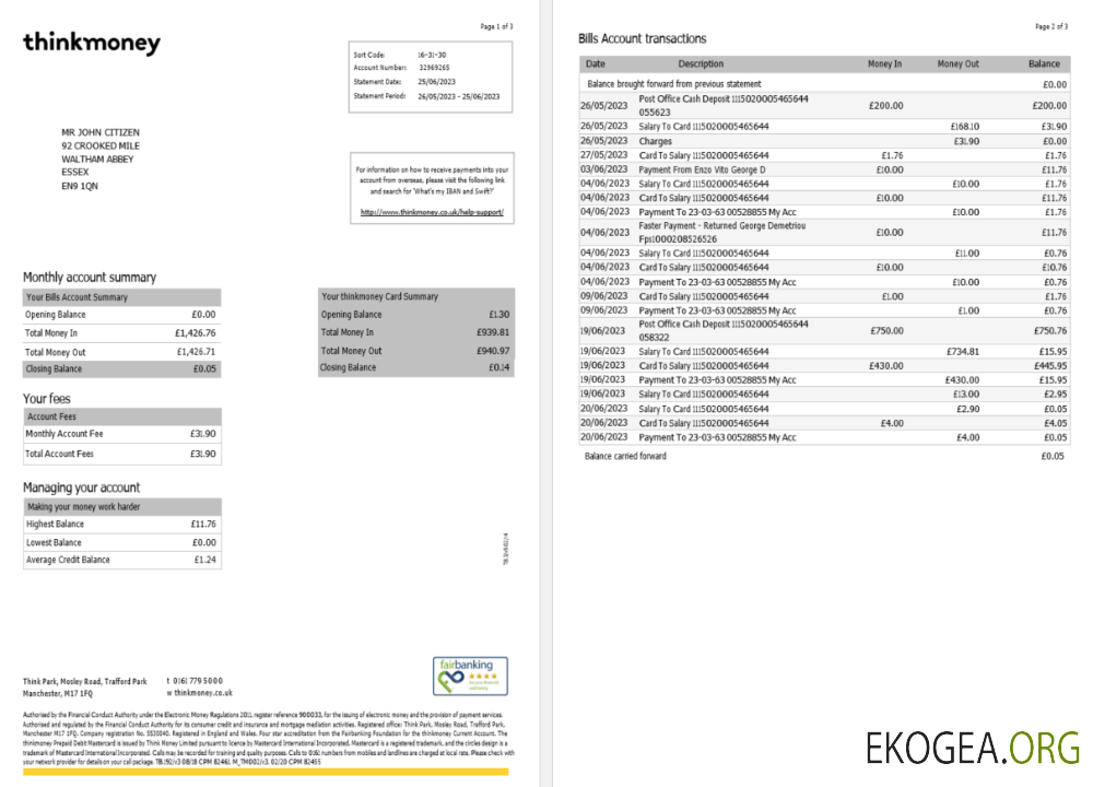 Royaume Uni Modèle Word et PDF de relevé bancaire Think Money, 3 pages 1 2 SCR